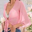 Women's Short Cardigan Bolero Shrug Sheer Tie Front Top 3/4 Sleeve Jacket for Dress 2026 (Pink, M)