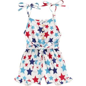 4th of July Outfit Toddler Girl Stars Stripe Flag Tie-Up Romper Overall Shorts Little Girls 4th of July Clothing 3-4Y