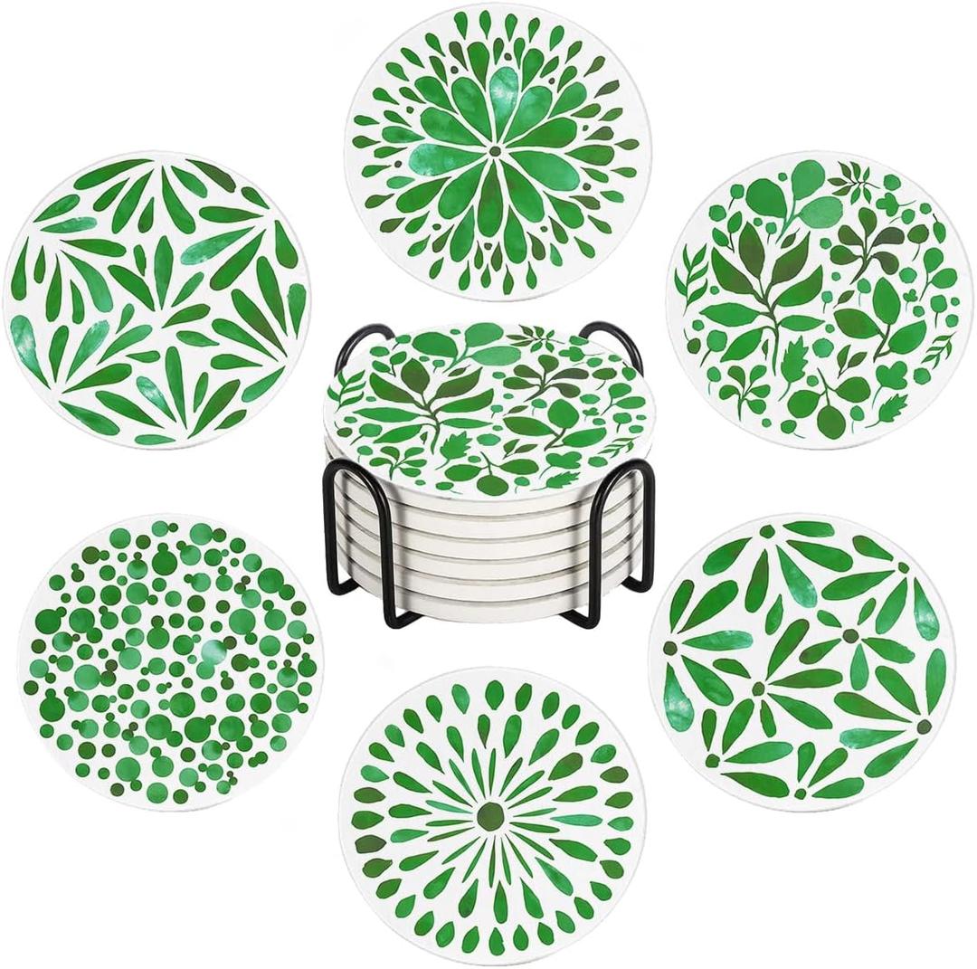 Drink Absorbent Coasters with Holder Set of 6, Ceramic Stone with Cork Base, Modern Green Abstract Geometric Coaster for Drinks, Gift for Housewarming Room Bar Home Decor Kitchen (Round)