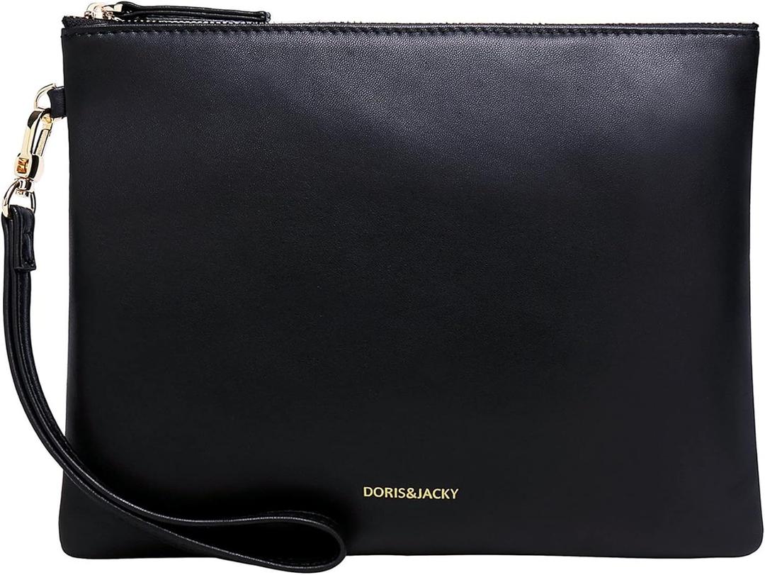 DORIS&JACKY Lambskin Leather Wristlet Clutch Purse for Women Soft Designer Slim Cell Phone Pouch Bag with Detachable Strap (Black)