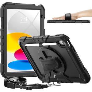 timecity for iPad (A16) 11th/ 10th Generation Case 11''/ 10.9 Inch (2025/2022) - Heavy Duty Protective Cover with Screen Protector, Stand, Shoulder Strap & Pencil Holder | Kids-Friendly - Black