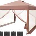 PHI VILLA 10' x 10' Pop Up Canopy Tent with Netting, Instant Gazebo, Ez up Screen House Room with Carry Bag, Height Adjustable, for Outdoor, Garden, Patio (1010 with netting, Brown)