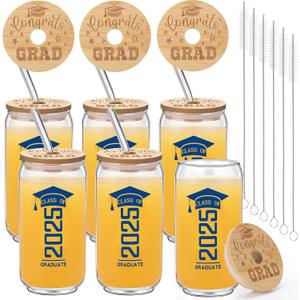 6 Pcs Class of 2025 Graduation Gifts Glass Cup with Bamboo Lids and Glass Straw, 2025 Graduation Gifts for Her Him, 16 oz College Masters Degree Can Shaped Cup (Blue)