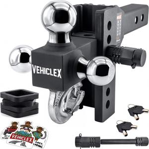 Vehiclex 6" Adjustable Drop Hitch for 2" Receiver, Heavy-Duty Tri-Ball & Tow Hook with Keyed-Alike Pin Locks for SUVs & Light-Duty Trucks, Solid Steel Design