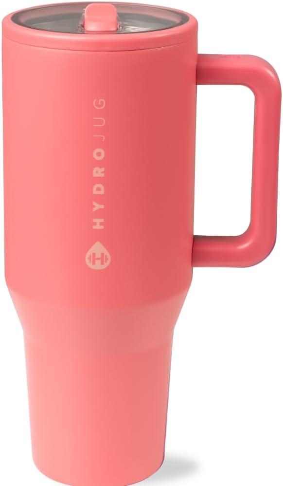 HydroJug Traveler - 40 oz Water Bottle with Handle & Flip Straw - Fits in Cup Holder, Leak Resistant Tumbler-Reusable Insulated Stainless Steel & Rubber Base - Gifts for Women & Men, Salmon