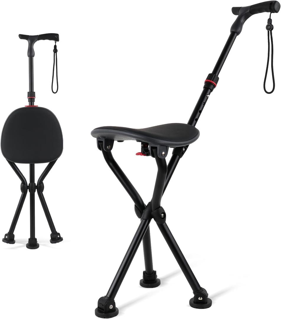 Walking Cane with Seat Folding Lightweight Walking Cane Chair for Seniors, Adjustable Height 32"-36", Heavy-Duty 3-Legged Cane Stool for Men Women (Black)