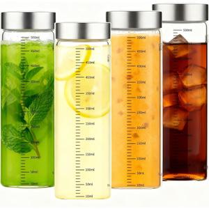 Glass Juice Bottles, 17 Oz Wide Mouth Reusable Borosilicate Glass Water Bottles Leak-Proof Stainless Steel Lid, Food Grade Safe, Fits in Cup Holder Juice Containers for Juicing, Gym, Daily Use 4 Pack