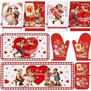 VitalCozy Set of 10 Valentines Kitchen Decor Vintage Kitchen Towels and Rugs Oven Mitts and Pot Holders Absorbent Tea Hand Towels for Accessories Gift