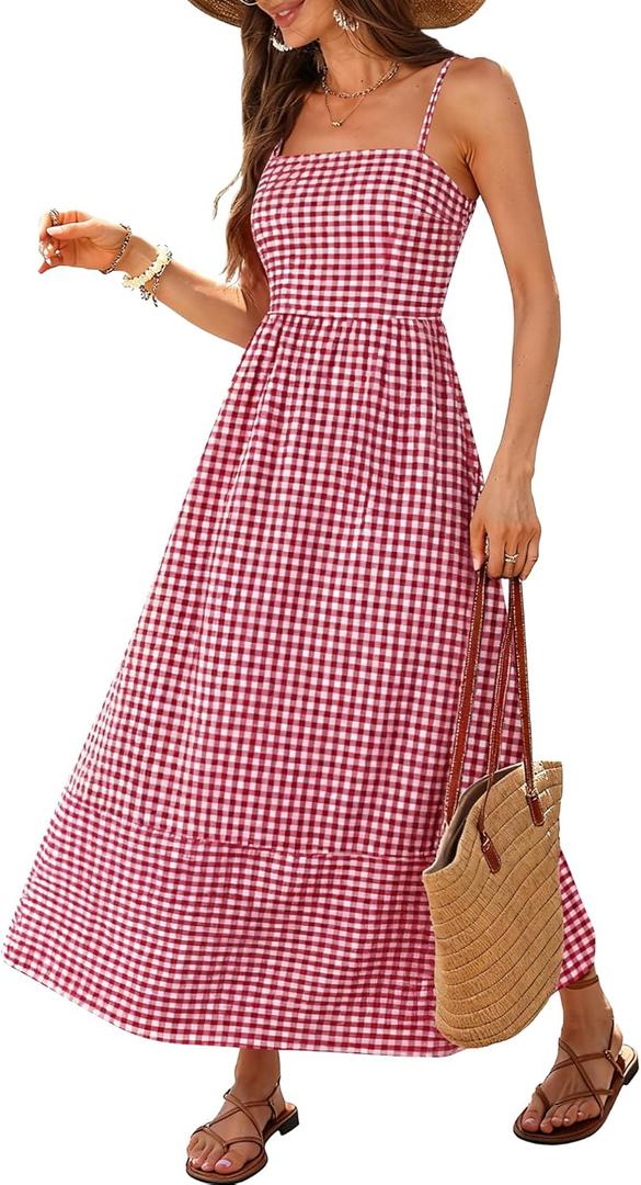 Caracilia Womens Maxi Dresses Gingham Spaghetti Strap Back Smocked Flowy Long Sundress Summer Beach Vacation Clothes 2026 L