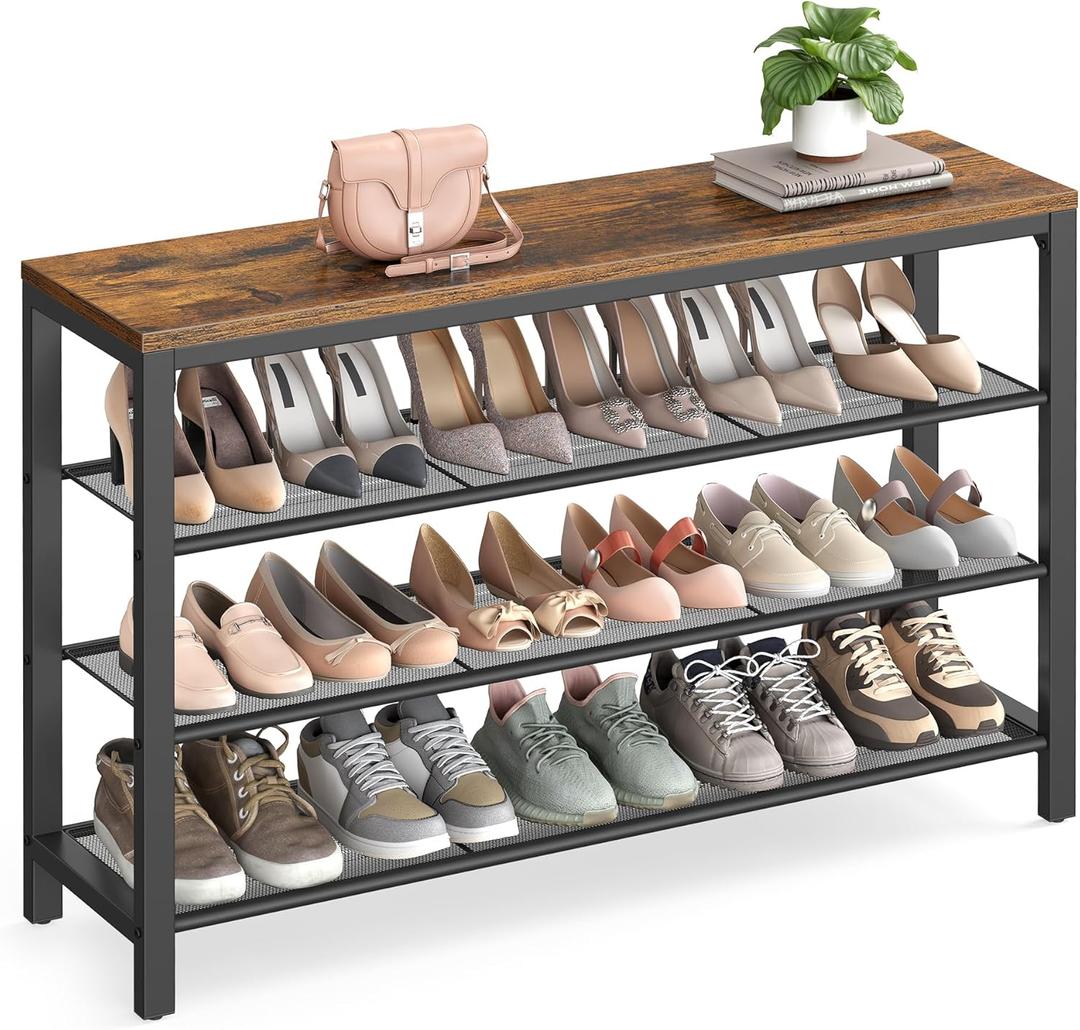 VASAGLE 4 Tier Shoe Rack, Shoe Organizer for Closet, Entryway, 16-20 Pairs of Shoes, Large Shoe Rack Organizer with 3 Metal Mesh Shelves, 11.8 x 39.4 x 28.3 Inches, Rustic Brown and Black ULBS14BX