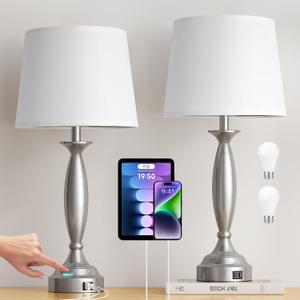 Seealle 25.5" White Lamps for Bedrooms Set of 2 - Touch Control Bedside Lamp with USB C+A, 3 Way Dimmable Nightstand Lamps with USB Port, Table Lamp for Living Room(White Shade and Nickel Base)