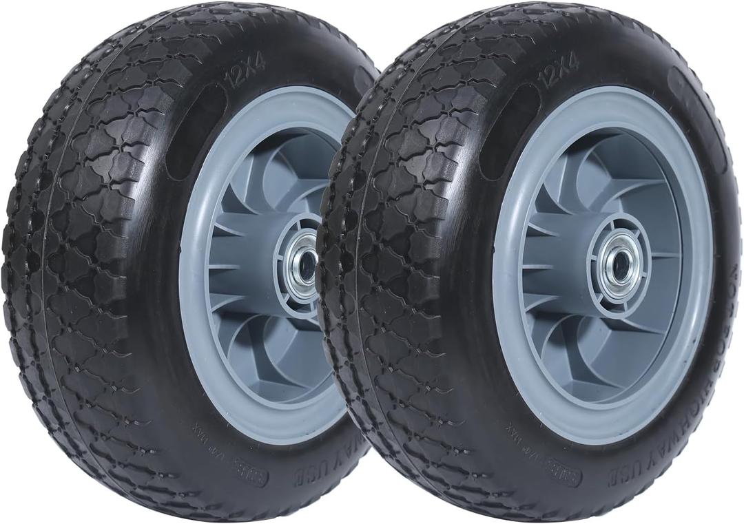 MaxxHaul 51025 12" Solid Tires Flat Free PU Tire and Wheel, with 5/8" Axle Bore Hole, 4" Wide with 3.0" Offset Hub for Hand Truck Garden Wagon Cart Trolley Dolly Lawn Mower Replacement Tire - 2 Pack