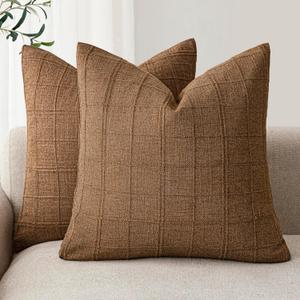 Foindtower Set of 2 Decorative Linen Check Throw Pillow Covers Neutral Farmhouse Vintage Cushion Covers Modern Boho Home Decor for Sofa Chair Couch Bedroom Living Room,2424 Inch,Brown Hazel