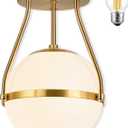 Globe Semi Flush Mount Ceiling Light Mid Century Modern Globe Ceiling Light Fixture with Milk Glass Shade Brass Finish for Living Room Hallway Kitchen Island Dining Room Laundry (Bulb Incl.) (6 inch, Gold)