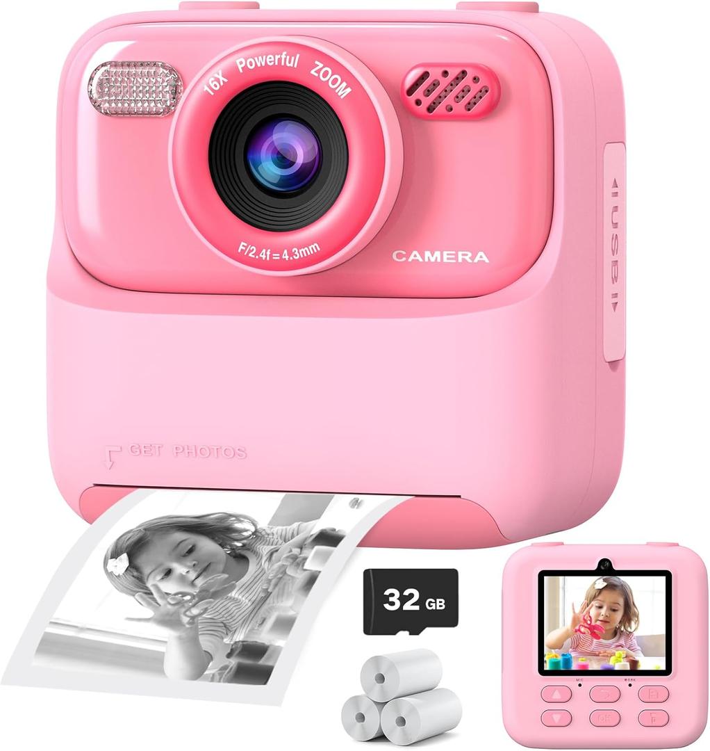 Kids Instant Digital Cameras for Boys and Girls, 1080P HD Dual-Lens Selfie Digital Camera with Print Paper & 32G Card, Christmas Birthday Gifts Toys for Toddler and Teenagers Age 3-16 Years Old (Pink)