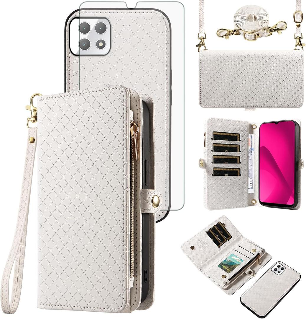 Asuwish Phone Case for T-Mobile Revvl 7 5G Zipper Wallet Detachable Cell Cover with Tempered Glass Screen Protector Strap Flip Card Holder Tmobile Revvl7 T Mobile Revel Tmo Revell Rebel Women White