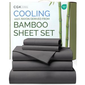 Bed Sheets Split King Size - Cooling Sheets for Split King - 100% Rayon Derived from Bamboo - Ultra Soft Hotel Luxury Bedding - 1 Flat & 1 Fitted & 2 Pillowcases w/ 16 Inch Deep Pockets - Dark Grey
