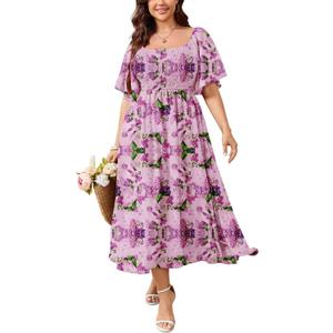 SHESTARR Women's Plus Size Dress Short Sleeve Square Neck Smocked Side Split Flowy A Line Long Maxi Dress (Pink, XL)