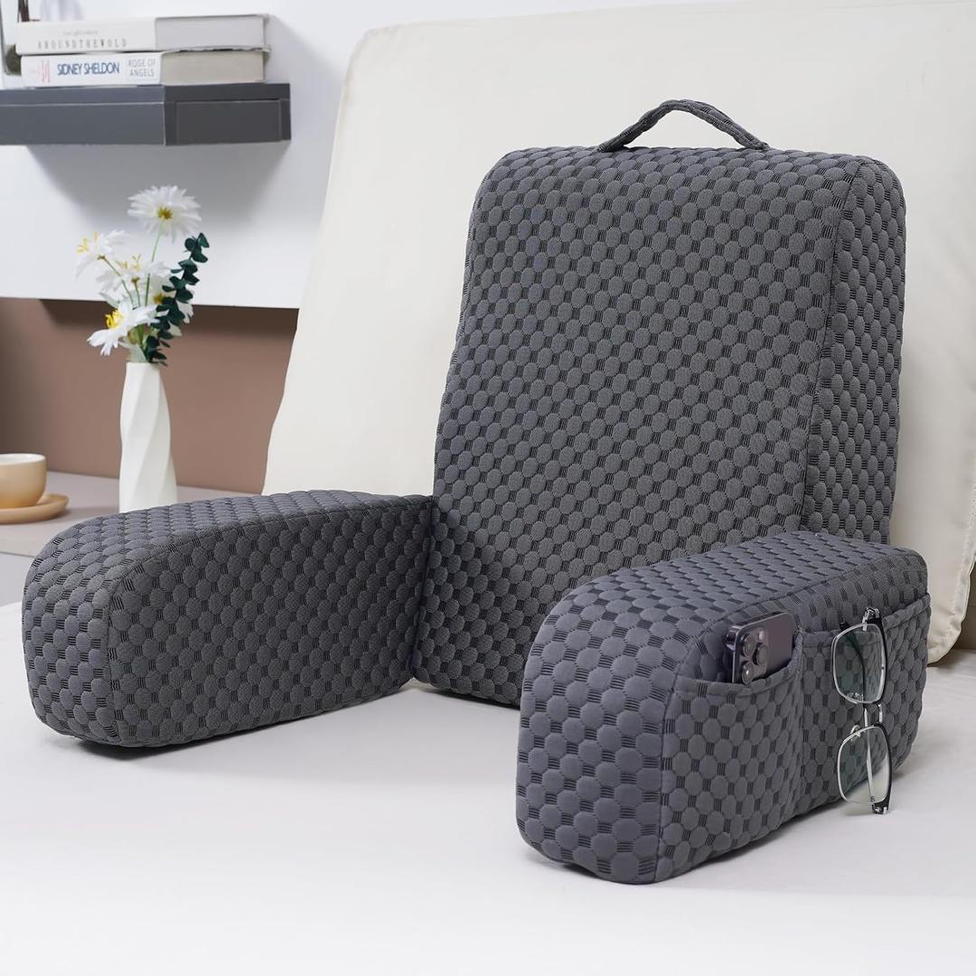 Bed Reading Pillow Back Support with Arms, Removable Pillowcase for Book Working Gaming Resting Watching TV, Gray/22in