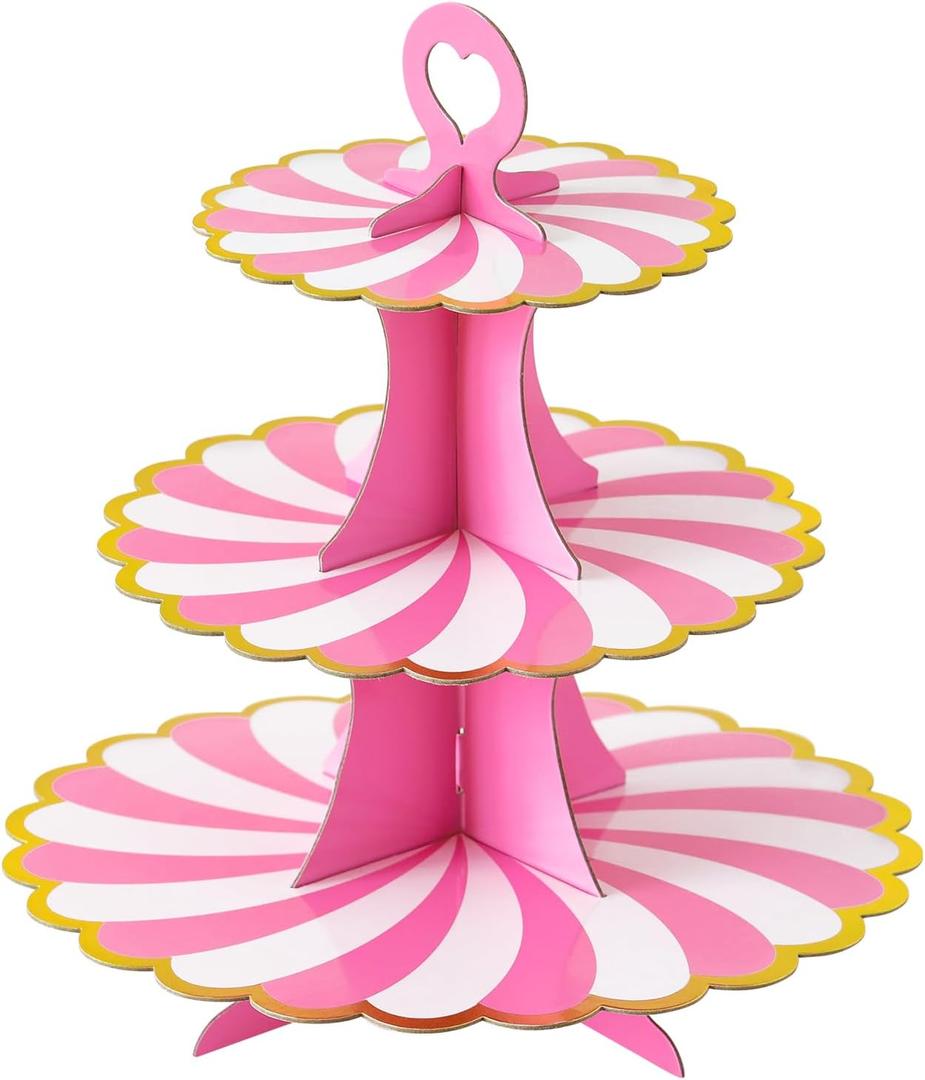 Soleebee 3-Tier Cupcake Stand, Cardboard Cupcake Tower, Dessert Cup Cake Stand Tower for Birthday Wedding Party Decoration, Cupcake Tier Stand 1 Set (Hot Pink Gold)