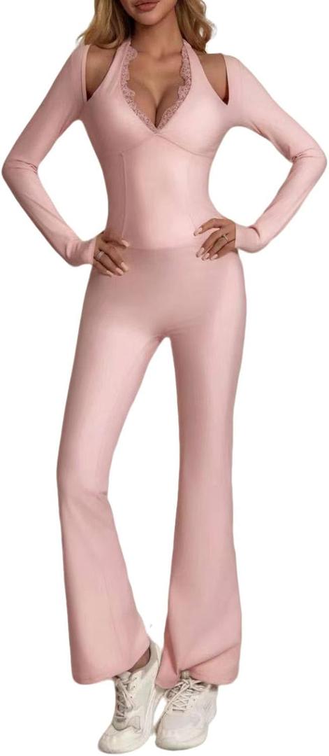 One Piece Wide Leg Jumpsuits For Women Workout Long Sleeve Jumpsuit Flare Yoga Romper V-Neck Sexy Lace (Medium, Pink)