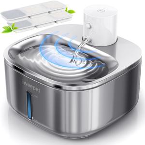 3.2L/135oz Food Grade Stainless Wireless Water Fountain for Cats, 5000Amh Battery Operated, Ultra-Quiet Automatic Water Dispenser with 2 Packs of Multi-Layer Filters, Visible Water Level
