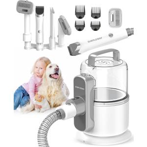 Dog Vacuum Grooming Kit for Shedding: Professional Hair Clippers Pet Groomer - Strong Suction Cleaner Deshedding Tool Fur Brush Attachment Trimmer for Home Cat (Off-White)