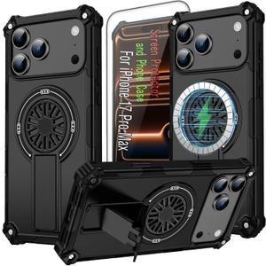 17 Pro Max Magnetic Case for iPhone17 Pro Max, 6.9inch, with Kickstand & HD Screen Protector Supports Wireless Charging [Compatible with MagSafe Accessories] Case for iPhone 17 Pro Max, Black