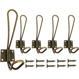 Wire Coat Hooks Heavy Duty, 5 Pack Vintage Wall Hooks Double Metal Hangers with Screws for Hanging Clothes Jackets Robes Towels Hats Keys Bags, Bronze