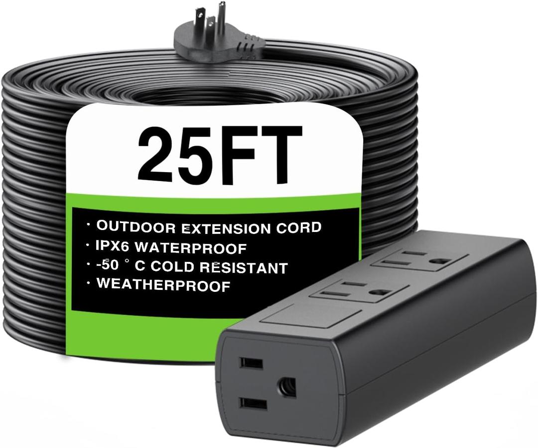 25FT Outdoor Extension Cord - Waterproof, Heavy Duty, Long, Outdoor Power Strip Surge Protector, Weather Resistant, Flame Retardant for Lawn & Garden (Black)