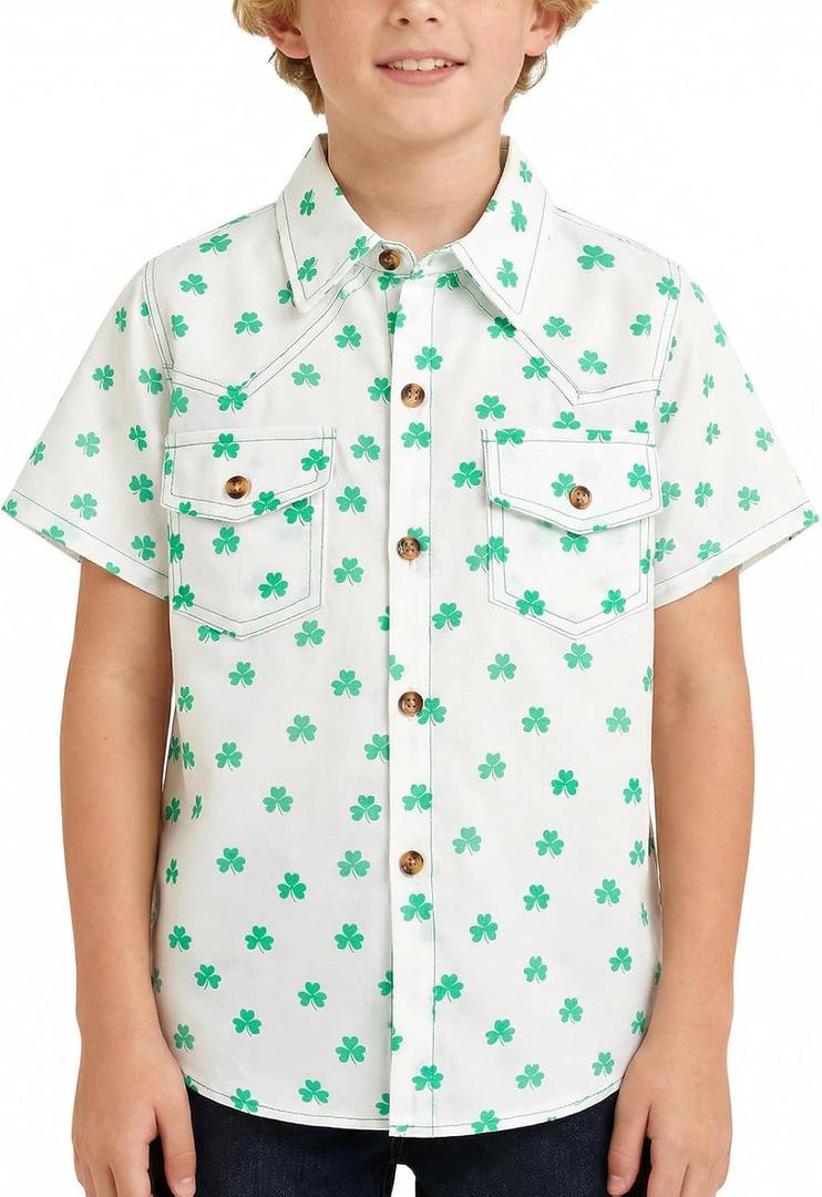 Boys Short Sleeve Button Down Shirt Casual Woven Summer Boys Dress Shirts with Two Pockets for Kids 5-12 Years (White)