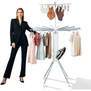 Clothes Drying Rack 2025 Upgrade 4-Legged 3-Tier Foldable Laundry Rack with 4 Pulleys 20 Clips,6 Shoe Dryers 16Drying Rods for Indoor/Outdoor, Camping, Poolside Space Saving, Whit