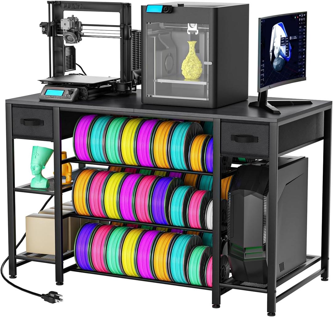 3D Printer Table with Storage, Heavy Duty Metal 3D Printer Stand with Filament Storage Drawer & Power Hub, Large Capacity 3D Printer Desk for Workshop, Studio & Home Office(Black)