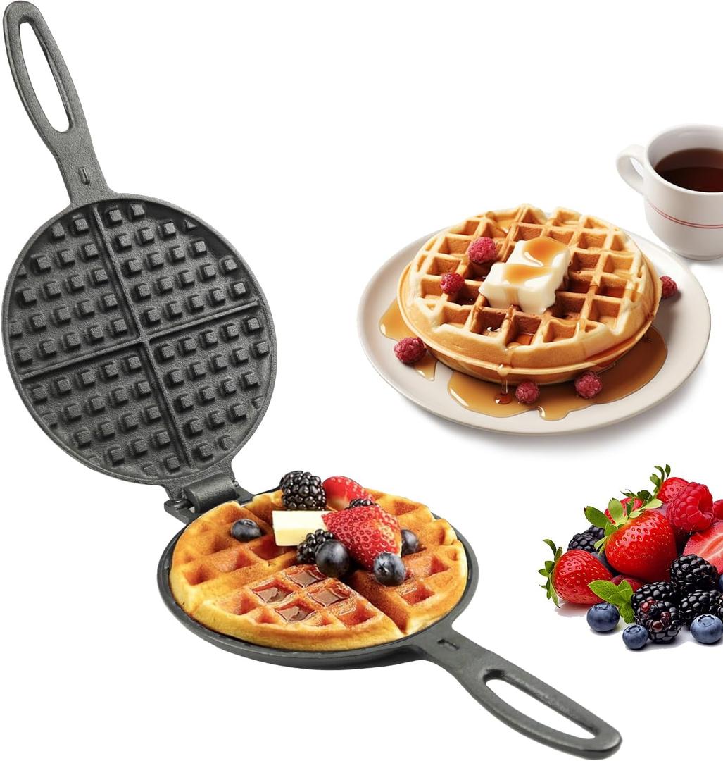 Cast Iron Waffle Cookware Two Piece Hinged Non Electric Waffle Iron for Stovetop or Grill Makes 7" Round Waffles Design Waffle Pan