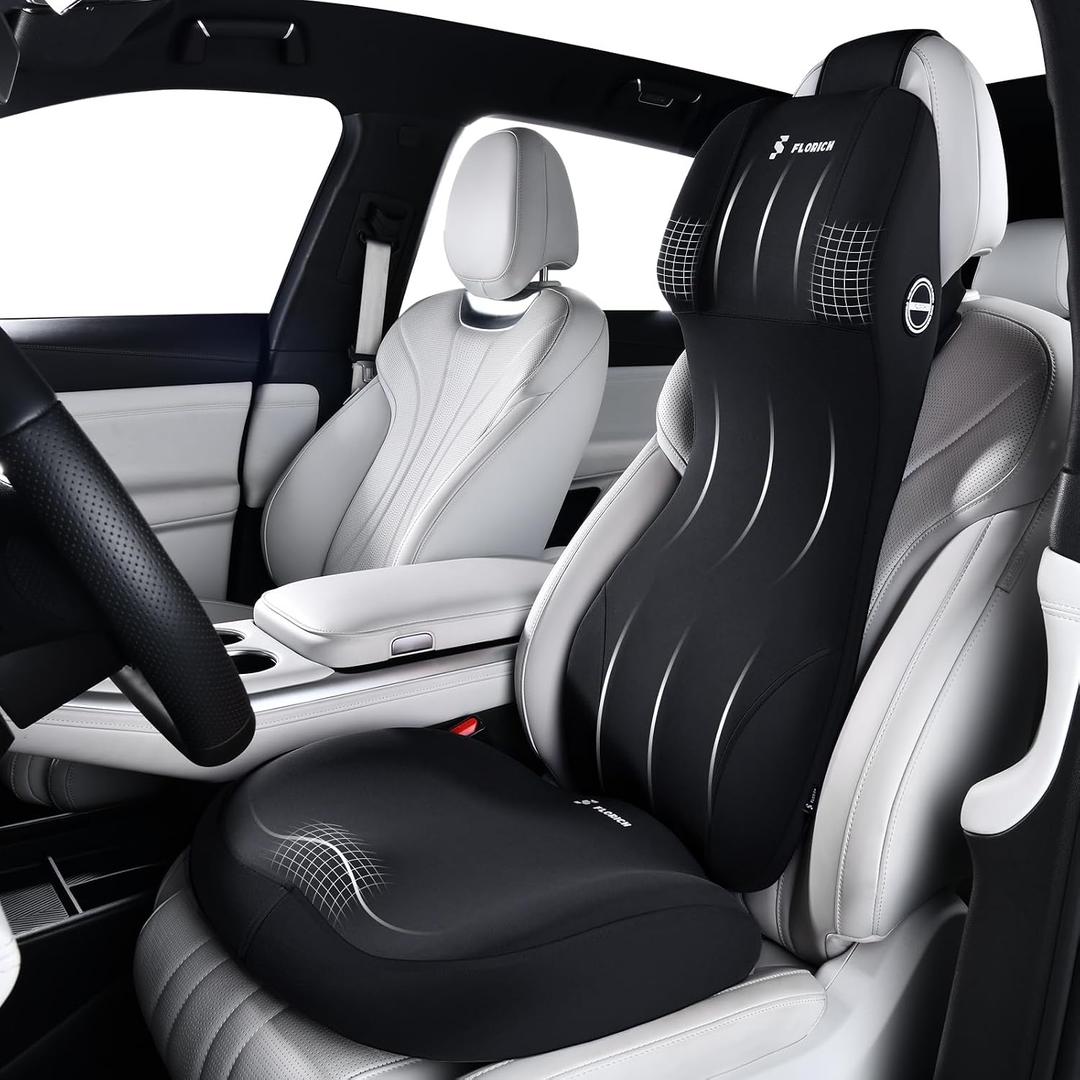 FLORICH Car Seat Cushion and Lumbar Support Headrest Pillow Memory Foam Ergonomic Car Cushion Back Neck Support Pillow Sciatica & Back & Tailbone Pain Relief Cushion for Car Seat Driving, Black