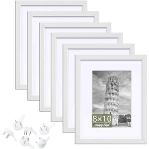 HappyHapi 8x10 Picture Frame Set of 6, 8x10 White Picture Frame Display Pictures 5x7 with Mat or 8x10 Without Mat. Wall Hanging Photo Frame or Tabletop Display Gallery Frame (White) (8 x 10, white*6)
