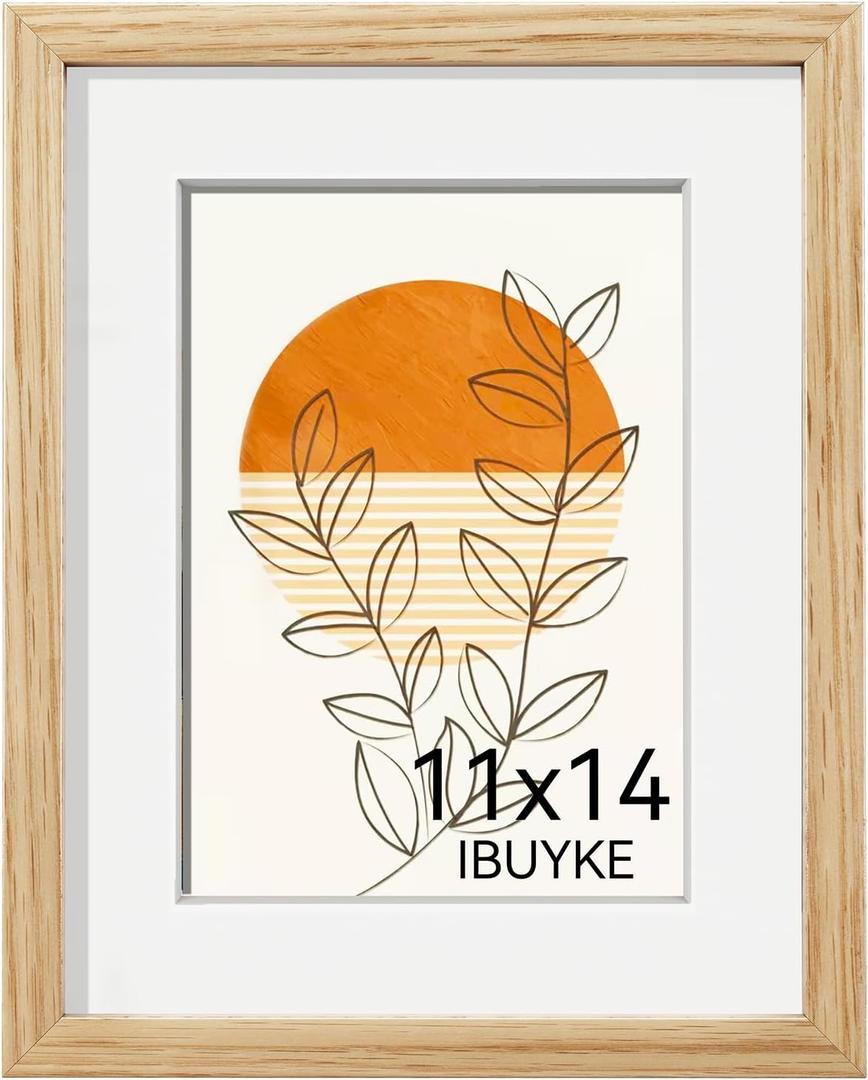 IBUYKE 11 x14 Picture Frame,Solid Oak Wood 11x14 Photo Frame with Mat to 8x10,11x14 Picture Frames With Tempered Glass,Wall Mount Display,Home Decor,Natural Oak 14 x 11 Frame,UWPF1114N