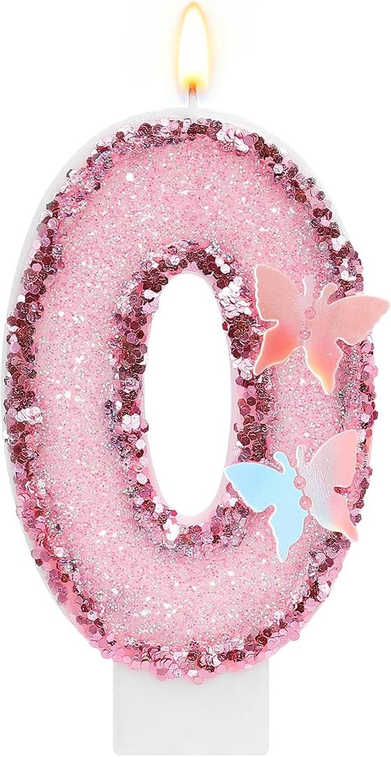 Pink Butterfly Number 0 Birthday Candle, Glitter Sequins Candle Cake Topper, Cupcake Decorations for Anniversary Celebrations Party Supplies