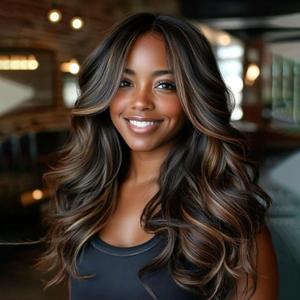 Aisaide Black Mix Highlight Brown Wig with Bangs Long Wavy Layered Wig with Curtain Bangs for White Black Women,Synthetic Ombre Highlight Brown Layered Long Wavy Shaggy for Women 24inch