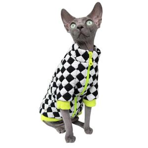 Turtleneck Sphynx Cat Winter Clothes, Double-Sided Fleece Jacket with Zipper, Sweater for Sphynx Cat Warm Outfit Coat for Hairless Cats and Small Dogs Apparel with Sleeves (Checkerboard, Medium)