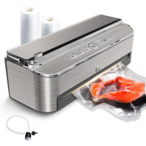 Vacuum Sealer Machine, 85kPa 120W Automatic Food Sealer, Powerful Sealing System, Build-in Cutter | Bags Storage | Moist Mode and Air Suction Hose (Silver)