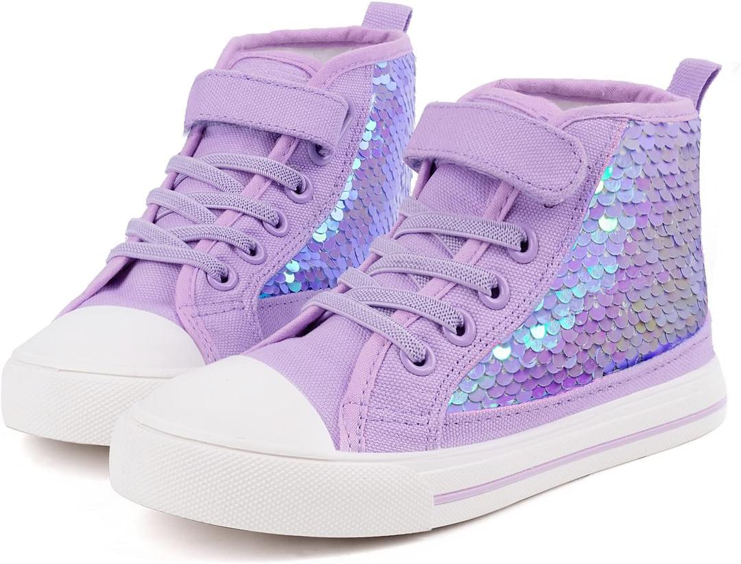 Toandon Girls Kids Canvas Shoes Sneakers for Color Change Flipping Sequins Glitter Sparkle Glimmer High Top Adjustable Hook Loop Straps Velcro Non Slip Lightweight Walking Purple, Size 4