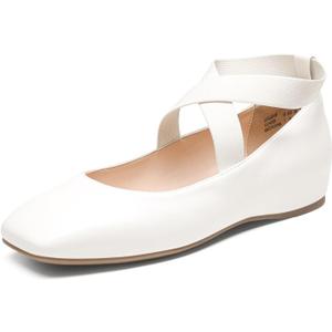 DREAM PAIRS Women's Ballet Flats, Comfortable Slip-On Square Toe Dress Shoes with Elastic Ankle Straps (10, White-pu)