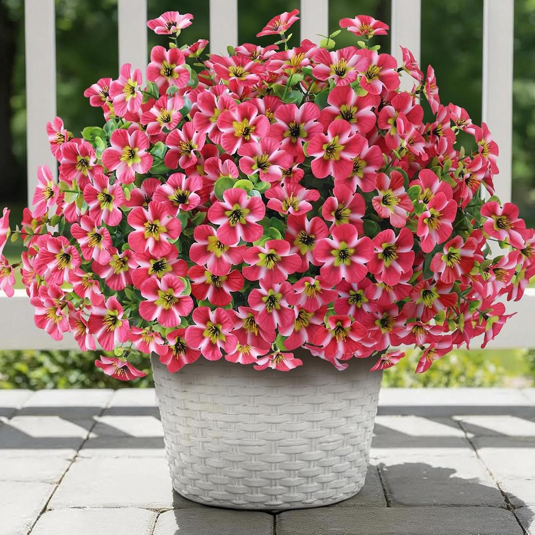VIERENA 24 Bundles Artificial Flowers and Eucalyptus for Outside, Sun Resistant Silk Fake Morning Glory with Faux Eucalyptus Plants for Garden Porch Farmhouse Home Spring Summer Decor (Rose Red)