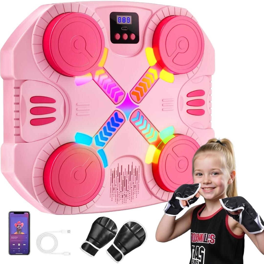 Music Boxing Machine for Kids, Wall-Mounted Bluetooth Punching Toy with Lights & Sound, Boxing Mchine with Gloves, Gift for Boys & Girls Ages 3 4 5 6 7 8 9 10 11 12+ Years Old (Pink)