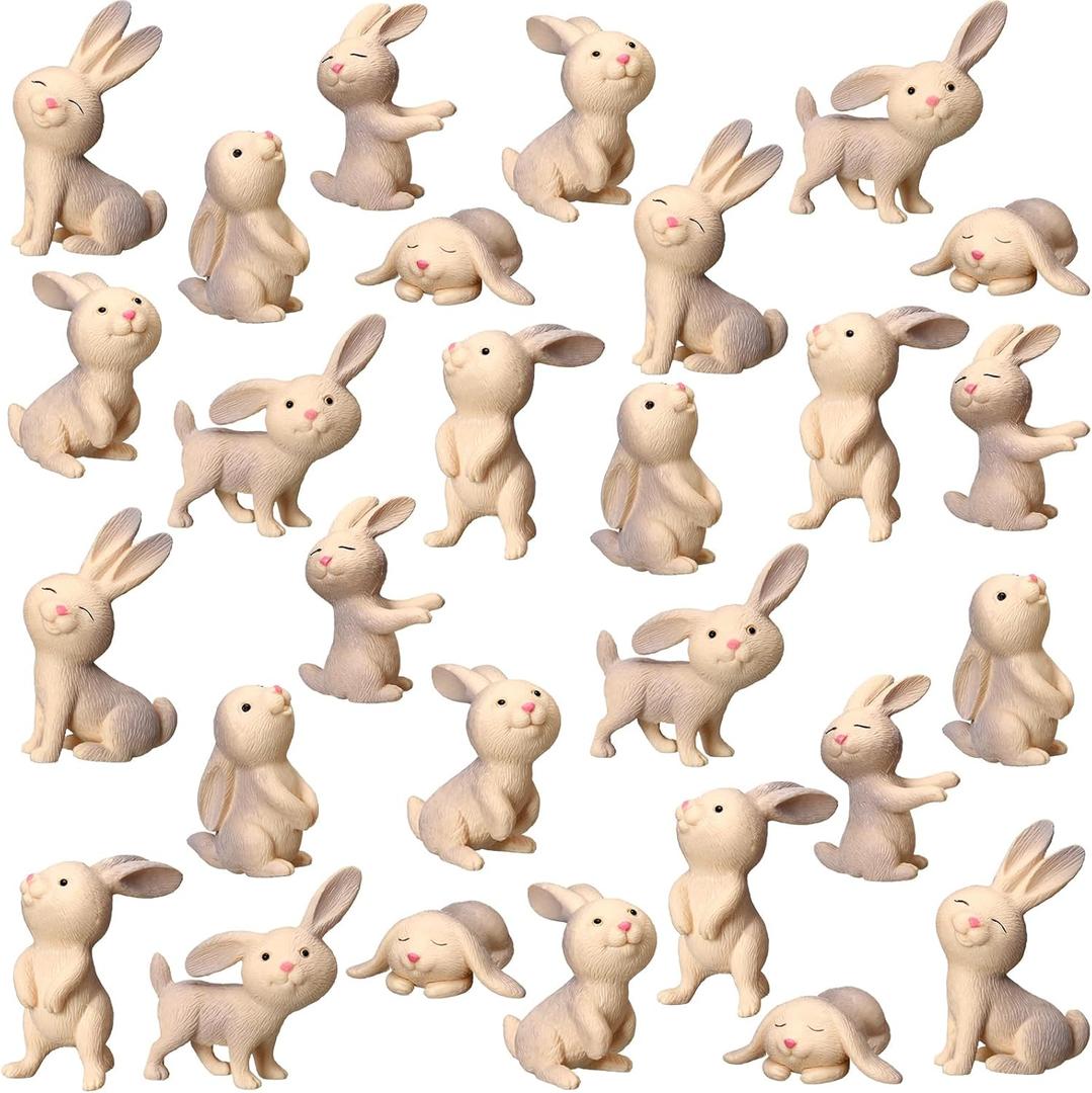 VioraWhite 28 Pcs Mini Bunny Figurines Tiny Resin Rabbits Animal Set Cake Toppers Resin Bunny Animals for Landscape Easter Decoration Garden Home Desktop Decor Birthday