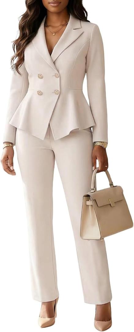 Business Casual Outfits for Women Two Piece Pants Set Blazers Double Breasted Suits for Formal Interview Work Beige XXL