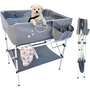 Elevated Dog Bathtub, Portable Dog Washing Station for Home with Towel Bar & Storage, Folding Pet Bath Tub for Small & Medium Dogs