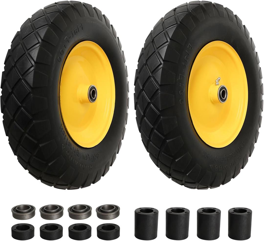 4.80/4.00-8" Tire and Wheel Assembly Set for Wheelbarrows, 5/8" or 3/4" Bore Wheelbarrow Tires for Utility Cart, Wheel Barrel, Wagon, Trailer, Dolly, 16" Solid Rubber Tires Without Flat Spots, 2 Pack