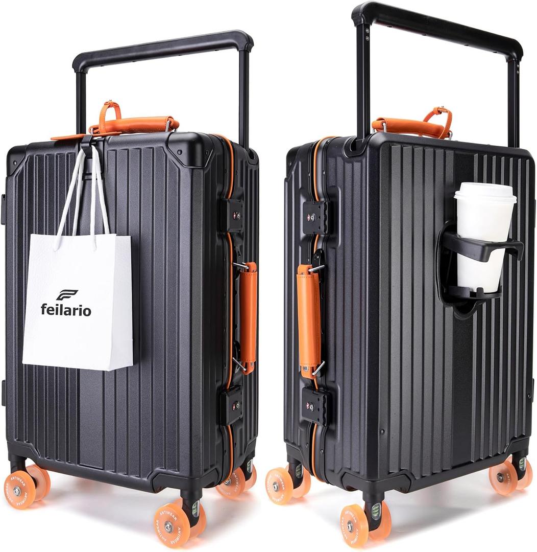 feilario 24in Aluminum Frame Wide Handle Hard Shell Carry On Suitcase - Vivid Colors Double Spinner Wheels Airline Approved Rolling Luggage with TSA Lock & Cup Holder (Silver, 24in), Medium
